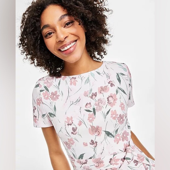 Calvin Klein - Floral-Print Short-Sleeve Ruffle-Hem Dress - Size 10 - Picture 4 of 10